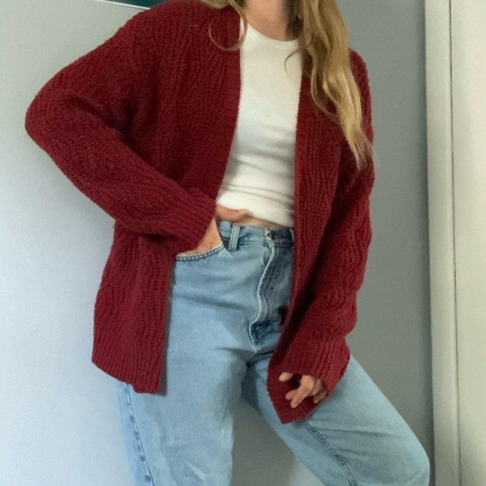 Red knit cardigan